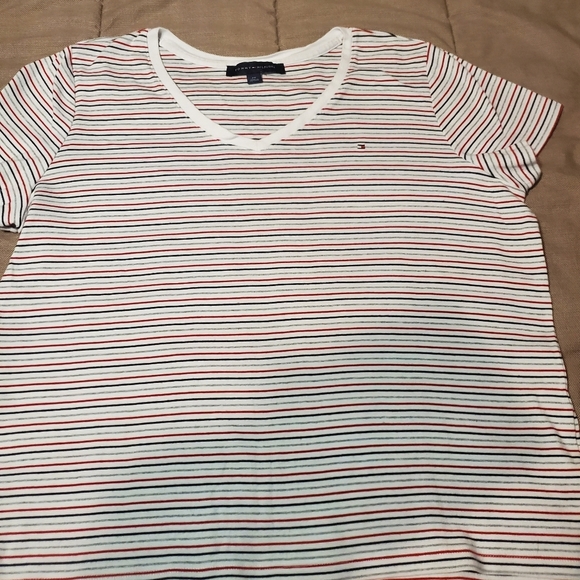 Tommy Hilfiger Women's Shirt v neck Short Sleeve White Gray Navy Red Stripe 0x - Picture 2 of 8